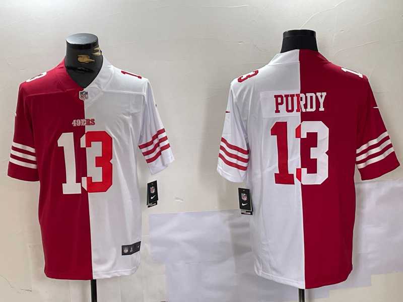 Mens San Francisco 49ers #13 Brock Purdy Red White Split Vapor Limited Stitched Jersey Dzhi